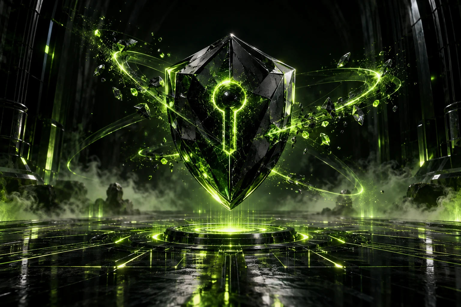 An obsidian shield scattering green quantum light over a circuit plane